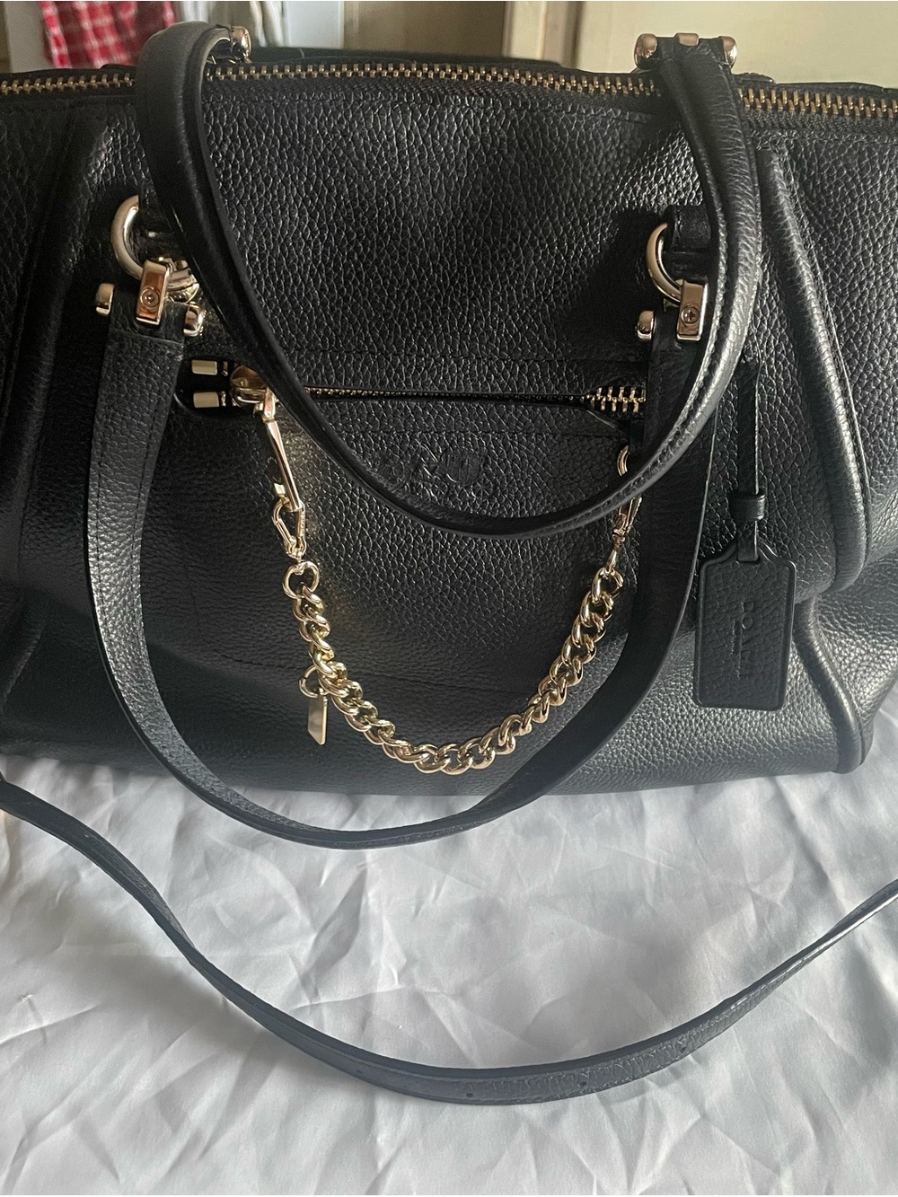 Coach Black Leather Crossbody Satchel with Gold Chain
